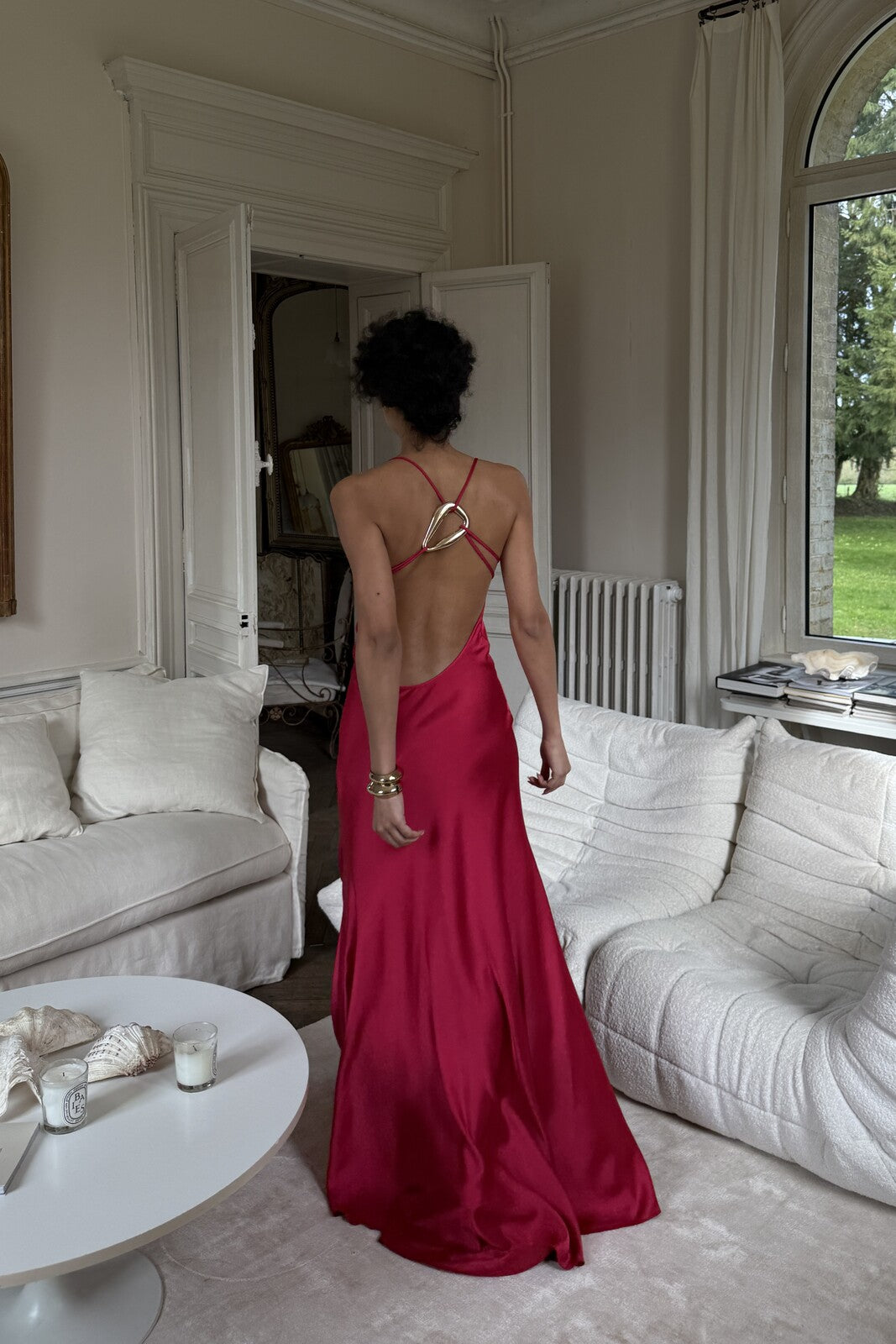 ROBE LONGUE MAGENTA VIF SATINÉE