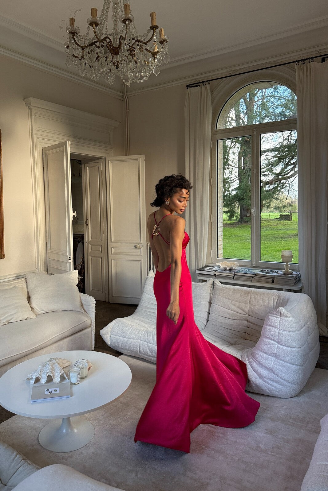 ROBE LONGUE MAGENTA VIF SATINÉE