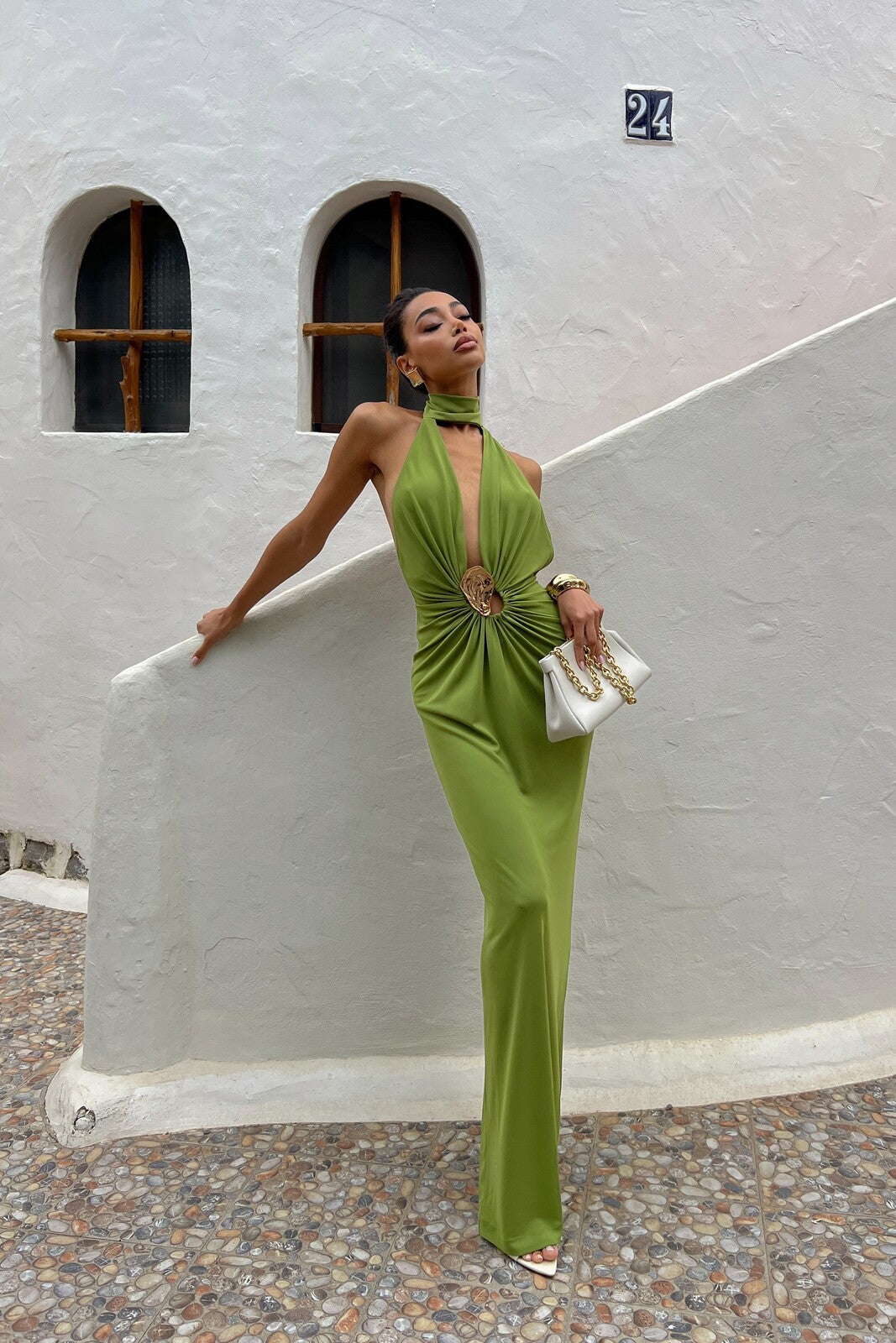 LONG PISTACHIO GREEN DRESS WITH APPLIQU - KAO LONG PISTACHIO GREEN DRESS WITH APPLIQU - KAO