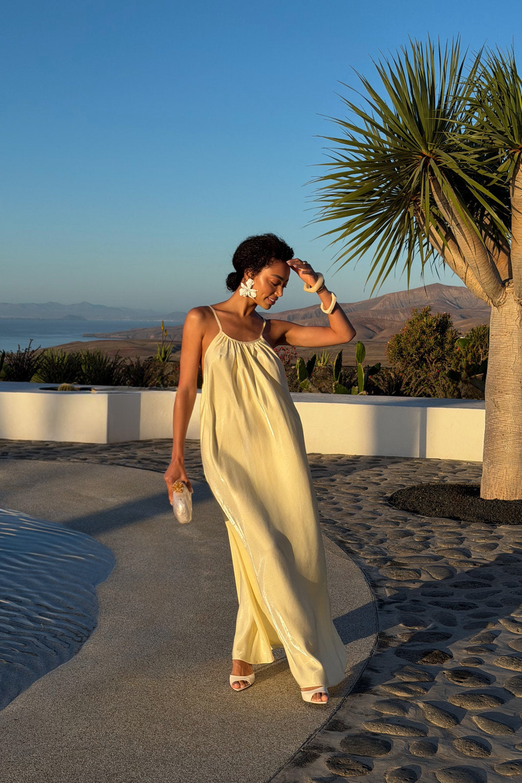 MINIMALIST SATIN BUTTER YELLOW FLOWY DRESS