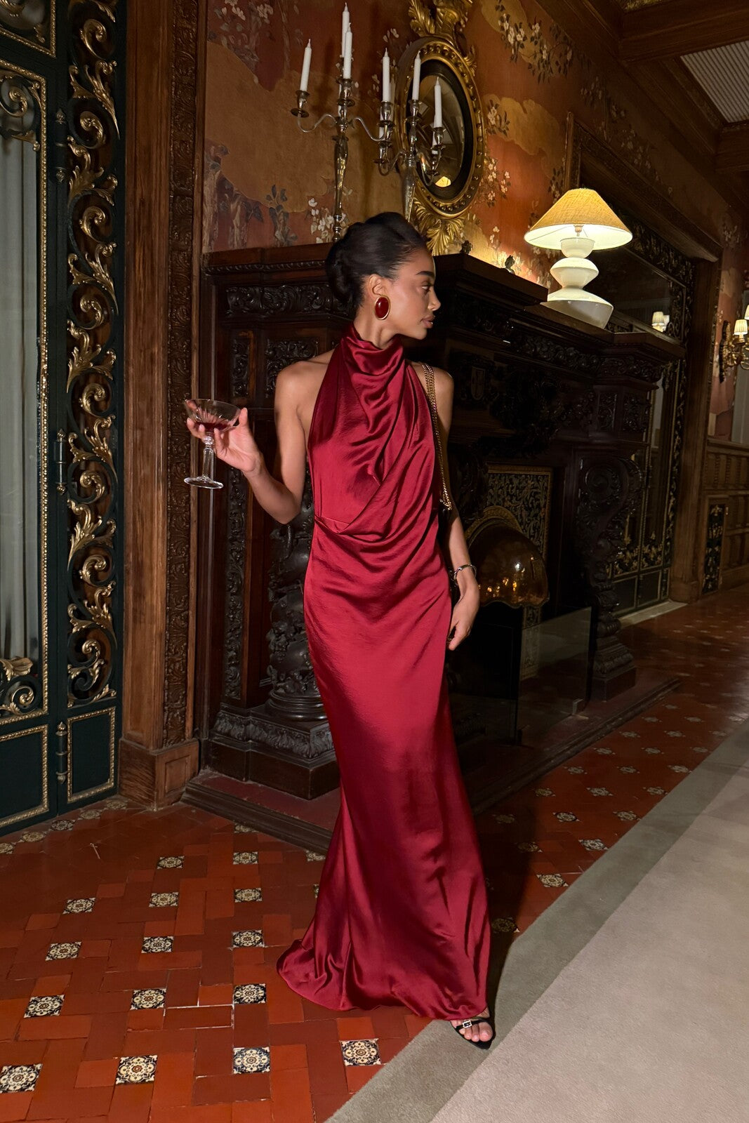 VESTIDO LONGO BORDEAUX GOLA DRAPEADA COSTAS ABERTAS
