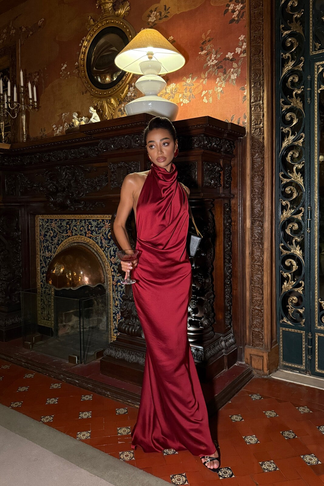 VESTIDO LONGO BORDEAUX GOLA DRAPEADA COSTAS ABERTAS