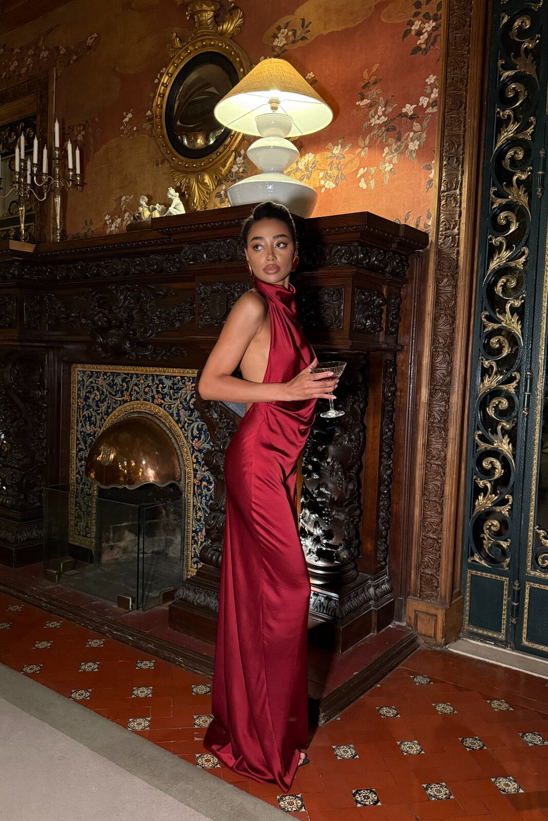VESTIDO LONGO BORDEAUX GOLA DRAPEADA COSTAS ABERTAS