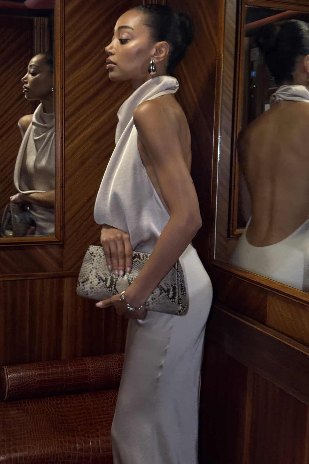 LONG CREAM BEIGE DRESS WITH DRAPED NECKLINE AND OPEN BACK