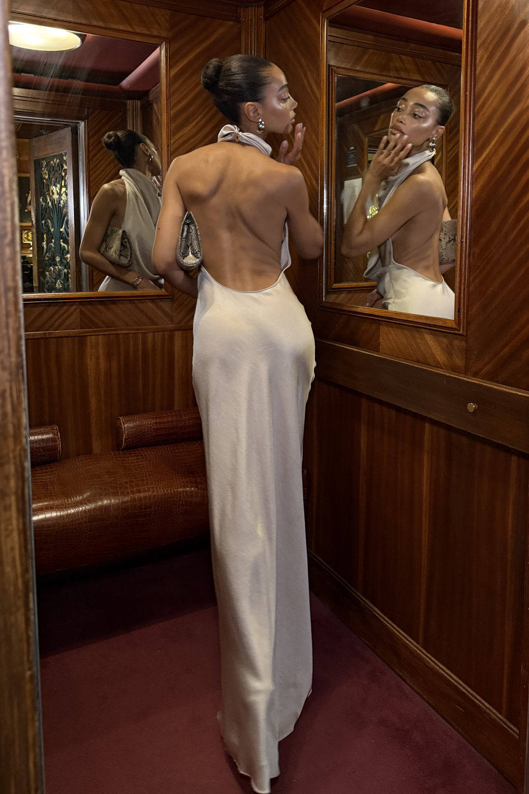 LONG CREAM BEIGE DRESS WITH DRAPED NECKLINE AND OPEN BACK