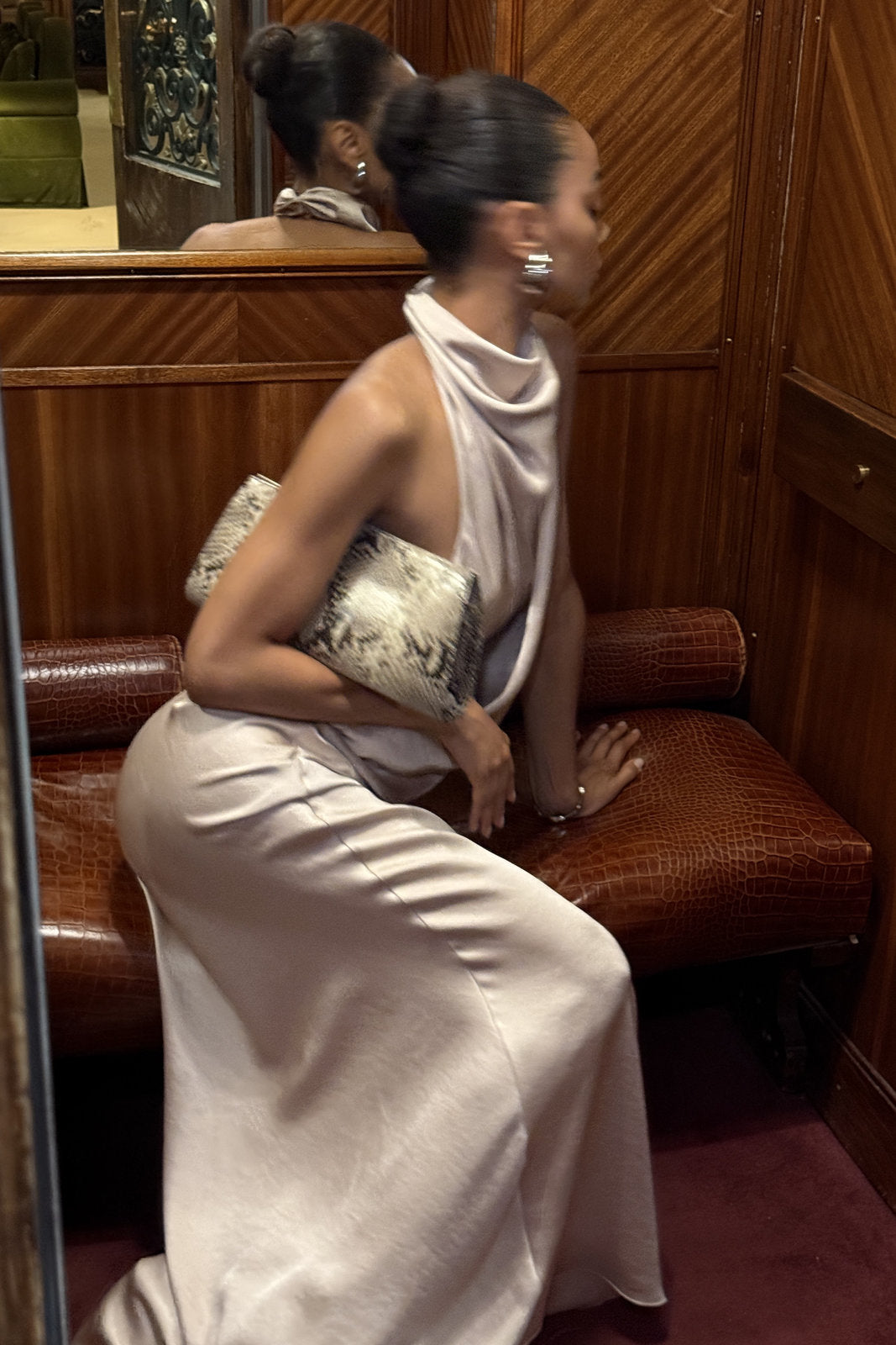LONG CREAM BEIGE DRESS WITH DRAPED NECKLINE AND OPEN BACK