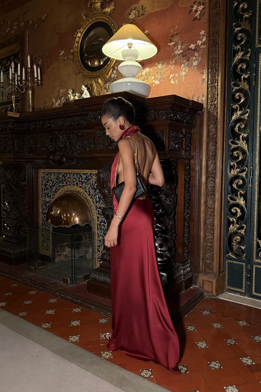 VESTIDO LONGO BORDEAUX GOLA DRAPEADA COSTAS ABERTAS
