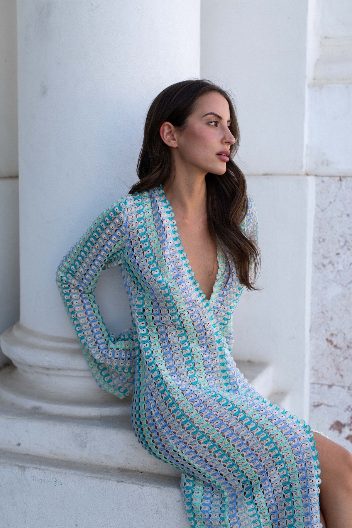 ROBE EN MAILLE MULTICOLORE VERT D&#39;EAU