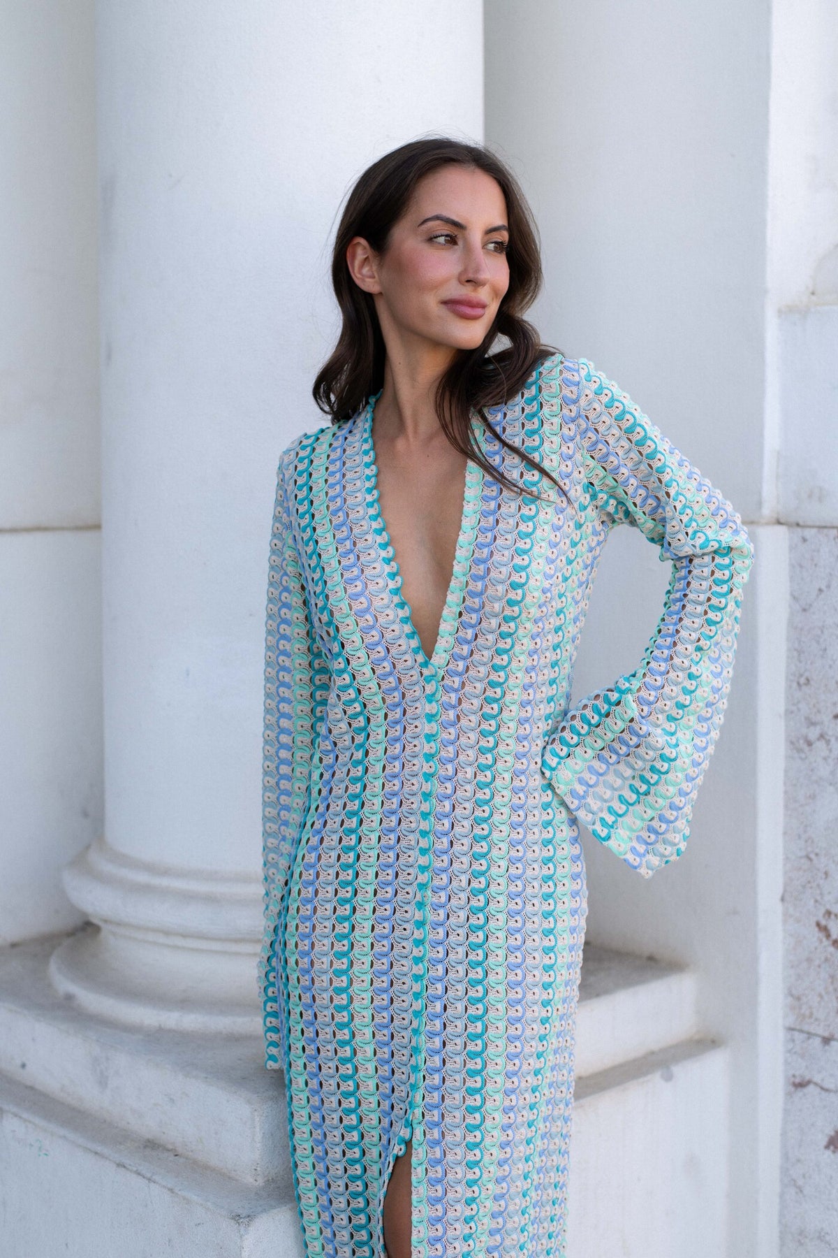 ROBE EN MAILLE MULTICOLORE VERT D&#39;EAU