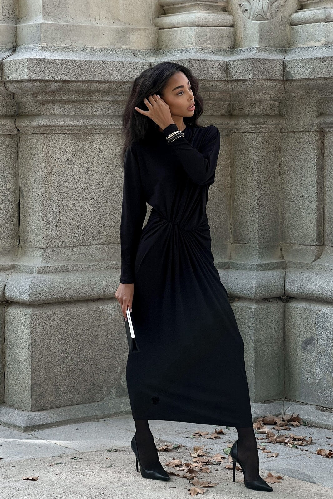 LONG BLACK DRAPED DRESS
