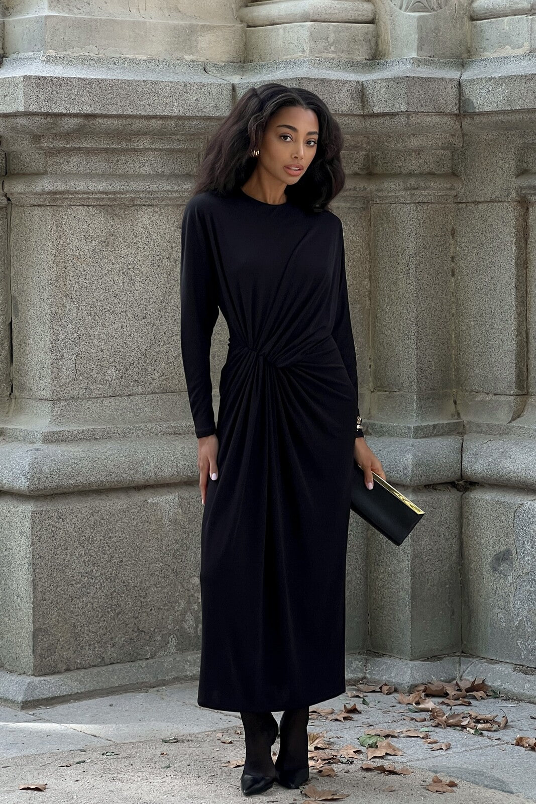 LONG BLACK DRAPED DRESS