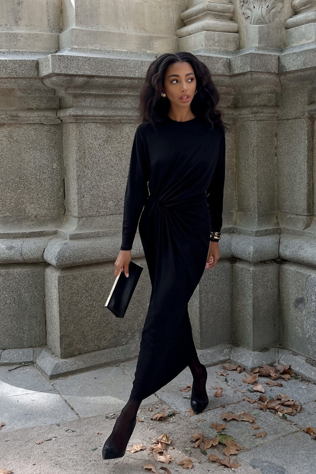 LONG BLACK DRAPED DRESS
