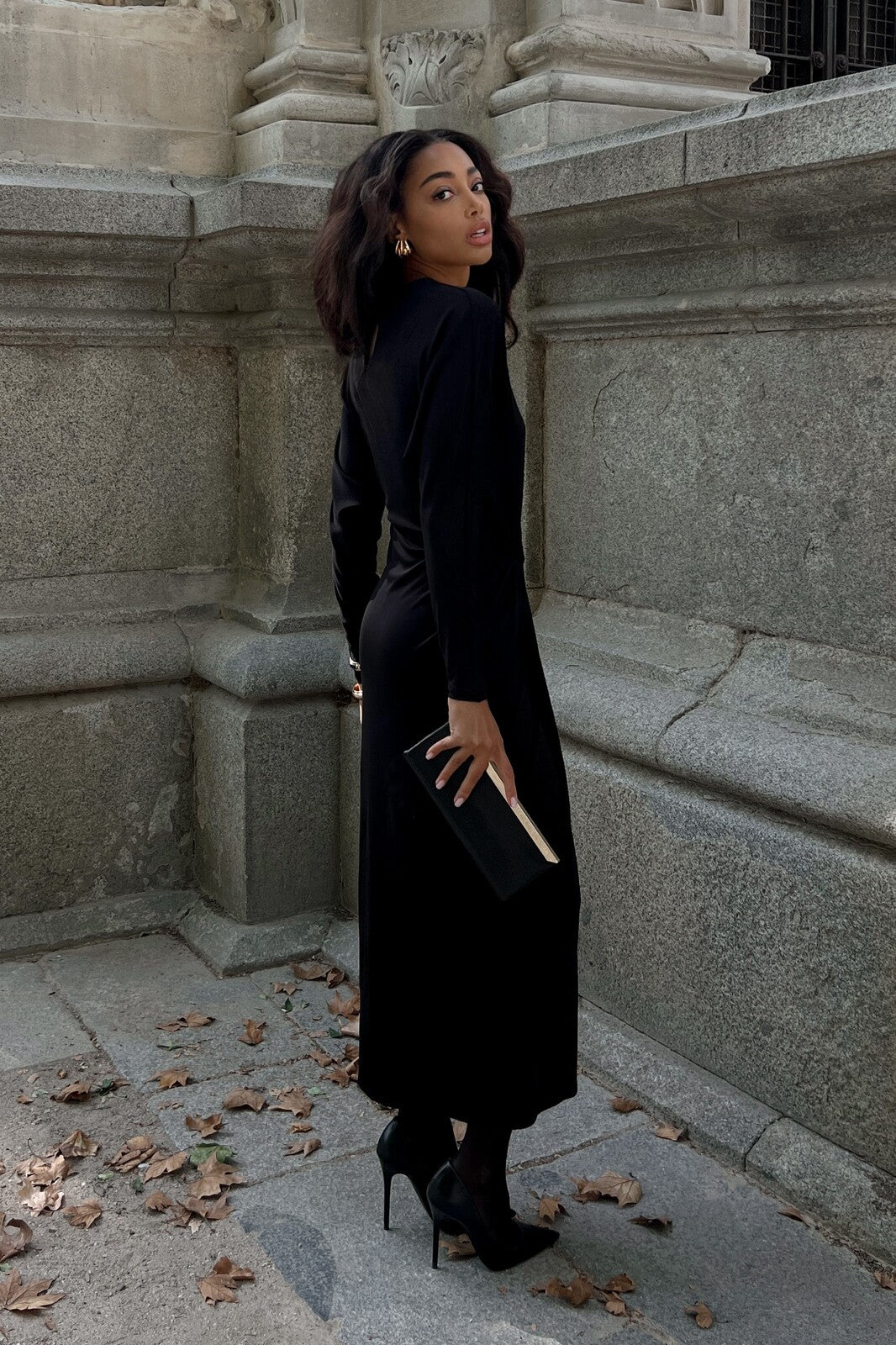 LONG BLACK DRAPED DRESS