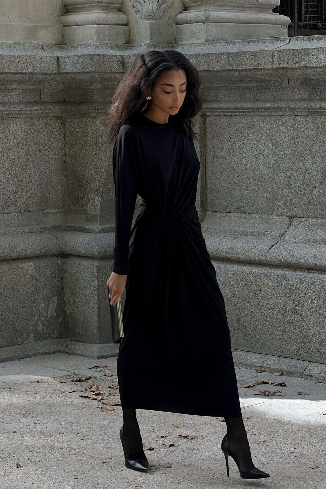 LONG BLACK DRAPED DRESS