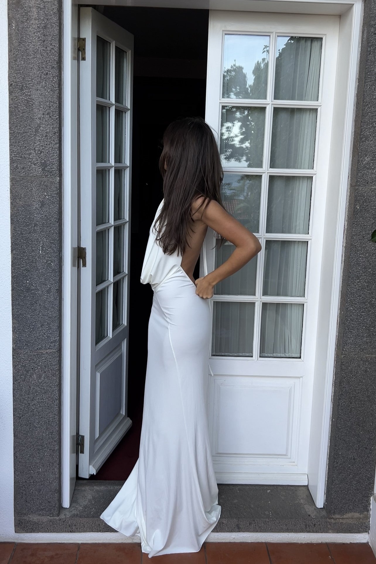 Long White Knitted Dress with Plunging Neckline Long White Knitted Dress with Plunging Neckline
