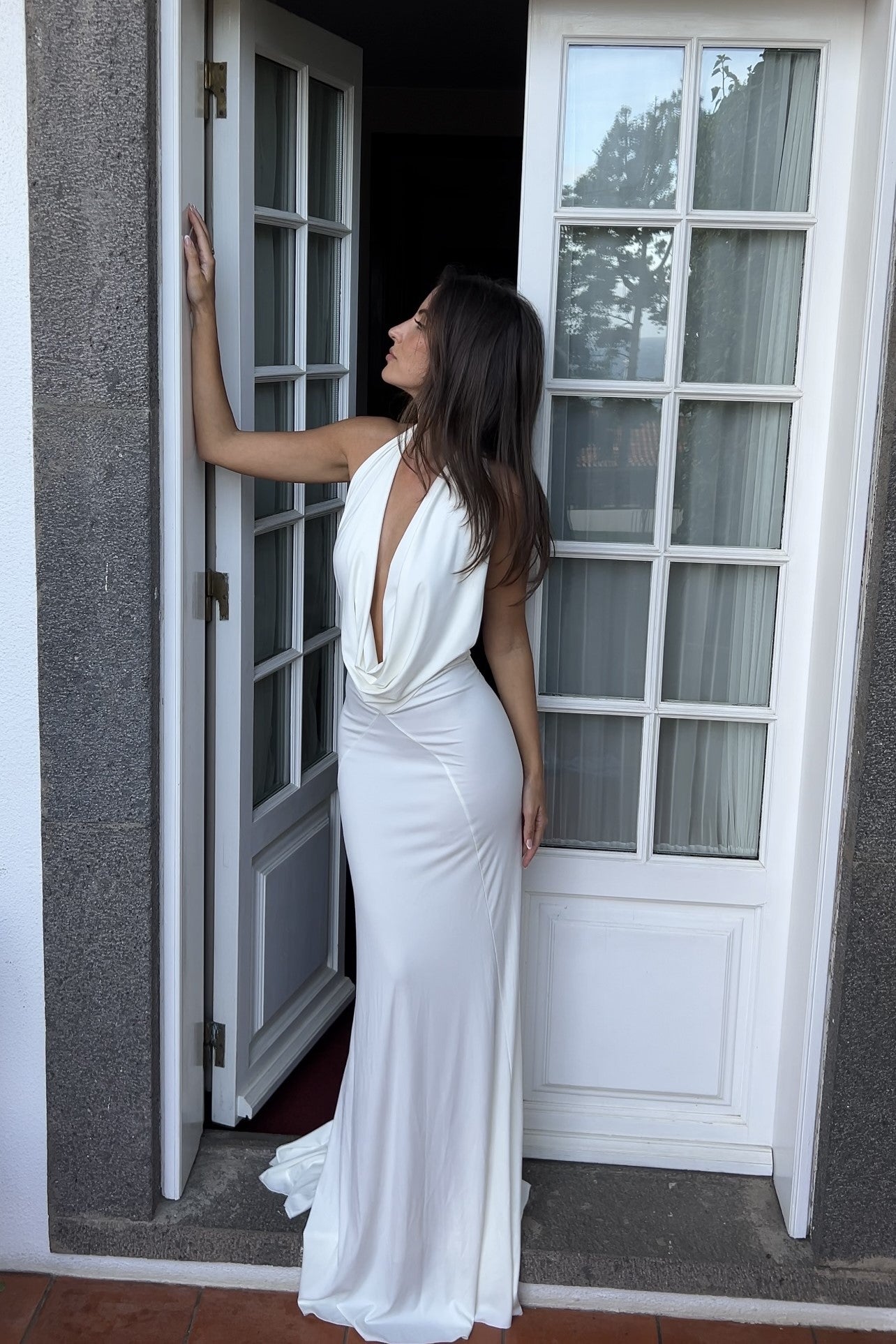 knitted dress long Long White Knitted Dress with Plunging Neckline