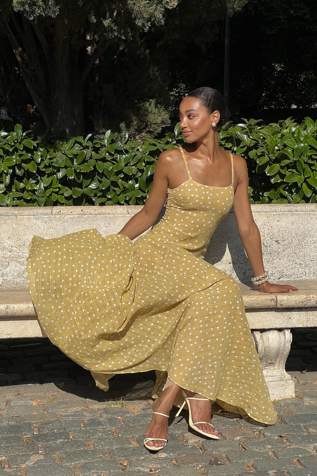 YELLOW LONG DRESS WITH WHITE POLKA DOTS