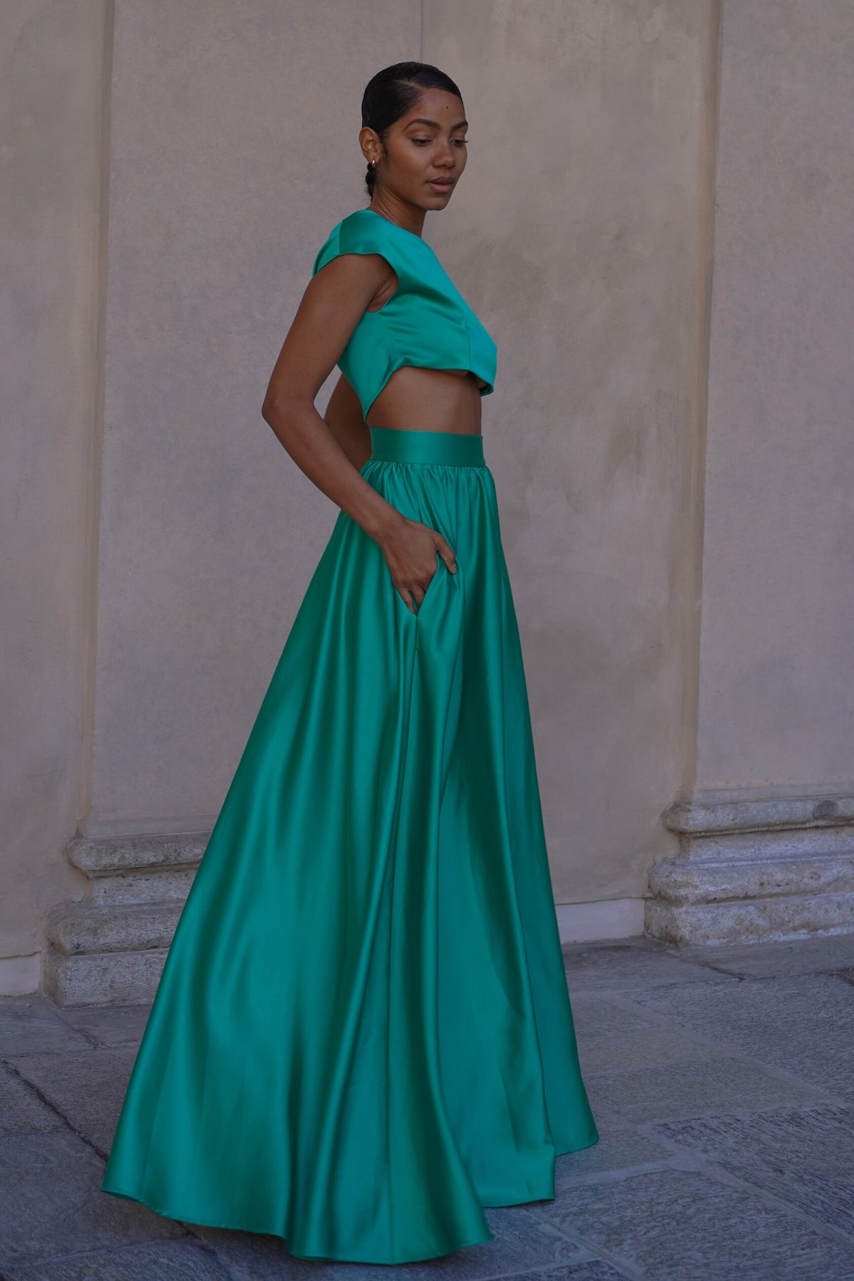 LIGHT GREEN LONG SKIRT IN CREPE