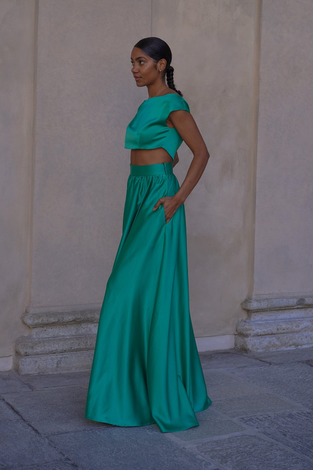 LIGHT GREEN LONG SKIRT IN CREPE