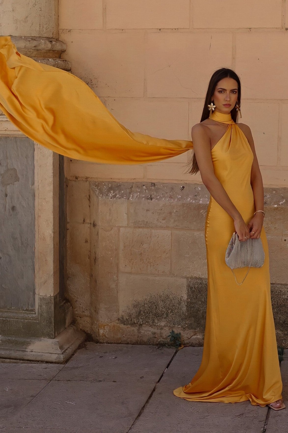 YELLOW LONG DRESS WITH CAPE