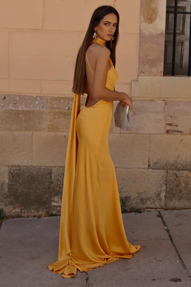 YELLOW LONG DRESS WITH CAPE