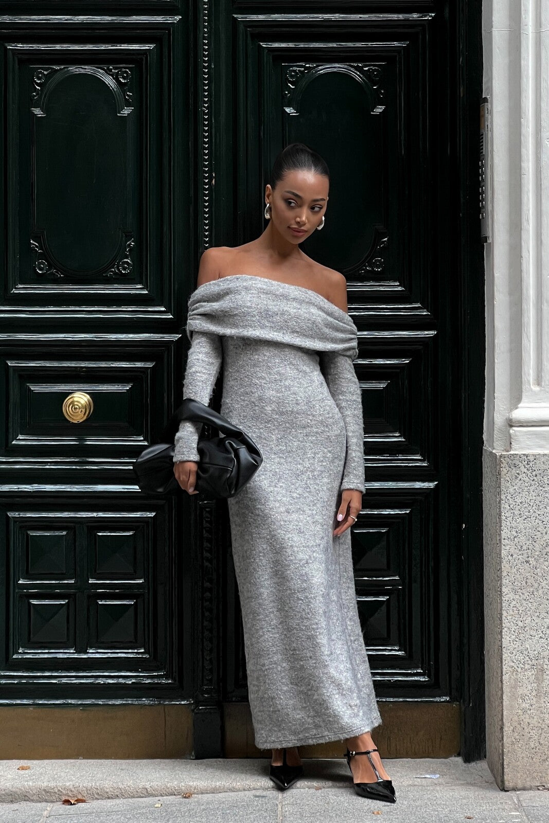 VESTIDO CINZA MALHA COM OMBROS DESCOBERTO