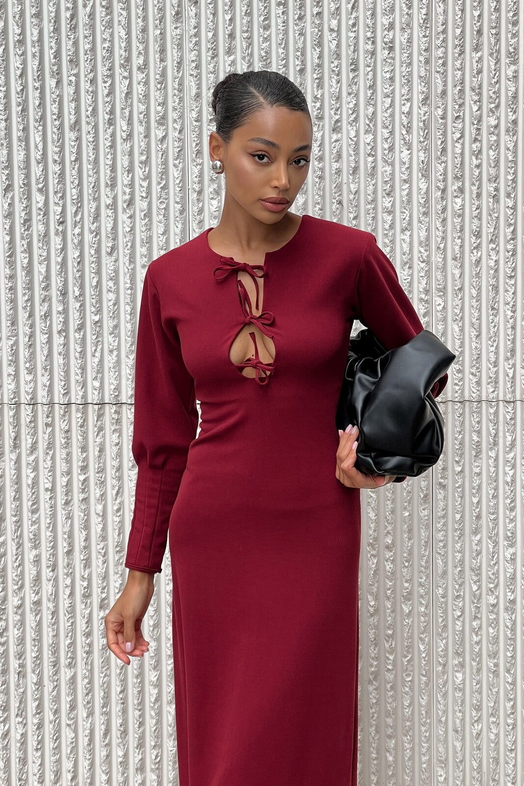 LONG BORDEAUX DRESS WITH BOW NECKLINE