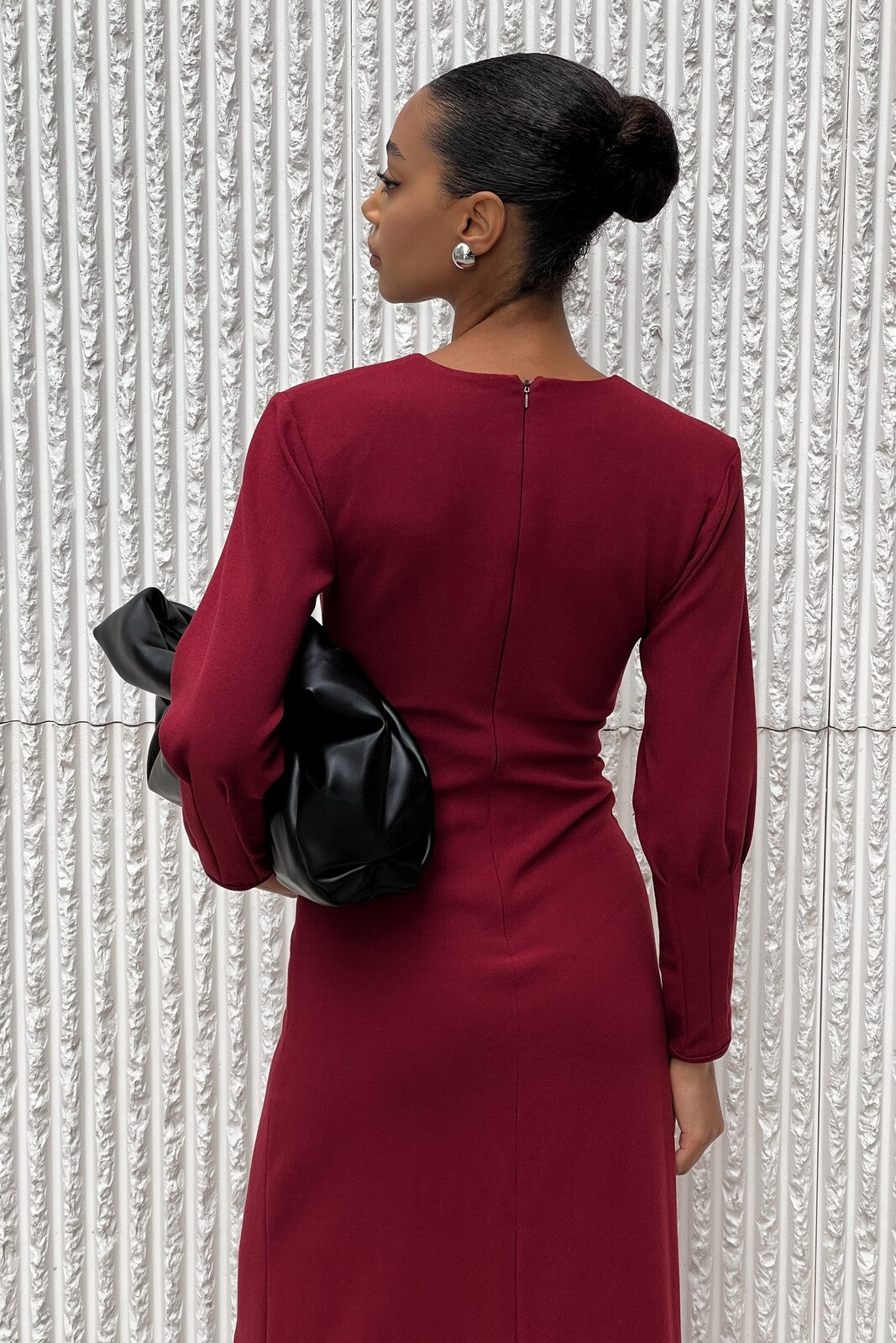 LONG BORDEAUX DRESS WITH BOW NECKLINE
