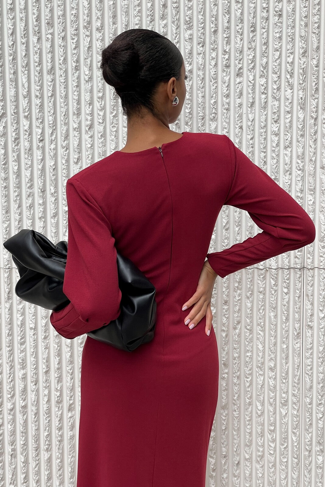 LONG BORDEAUX DRESS WITH BOW NECKLINE