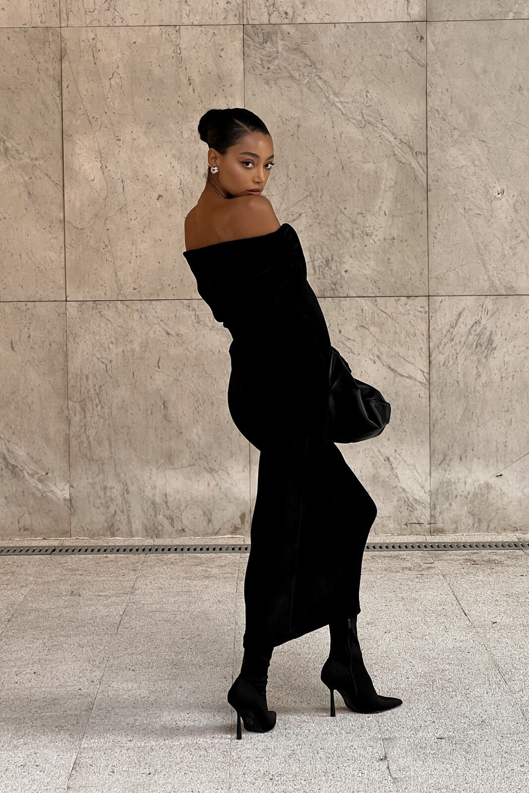 black knitted off shoulder dress Off Shoulder Knit Dress