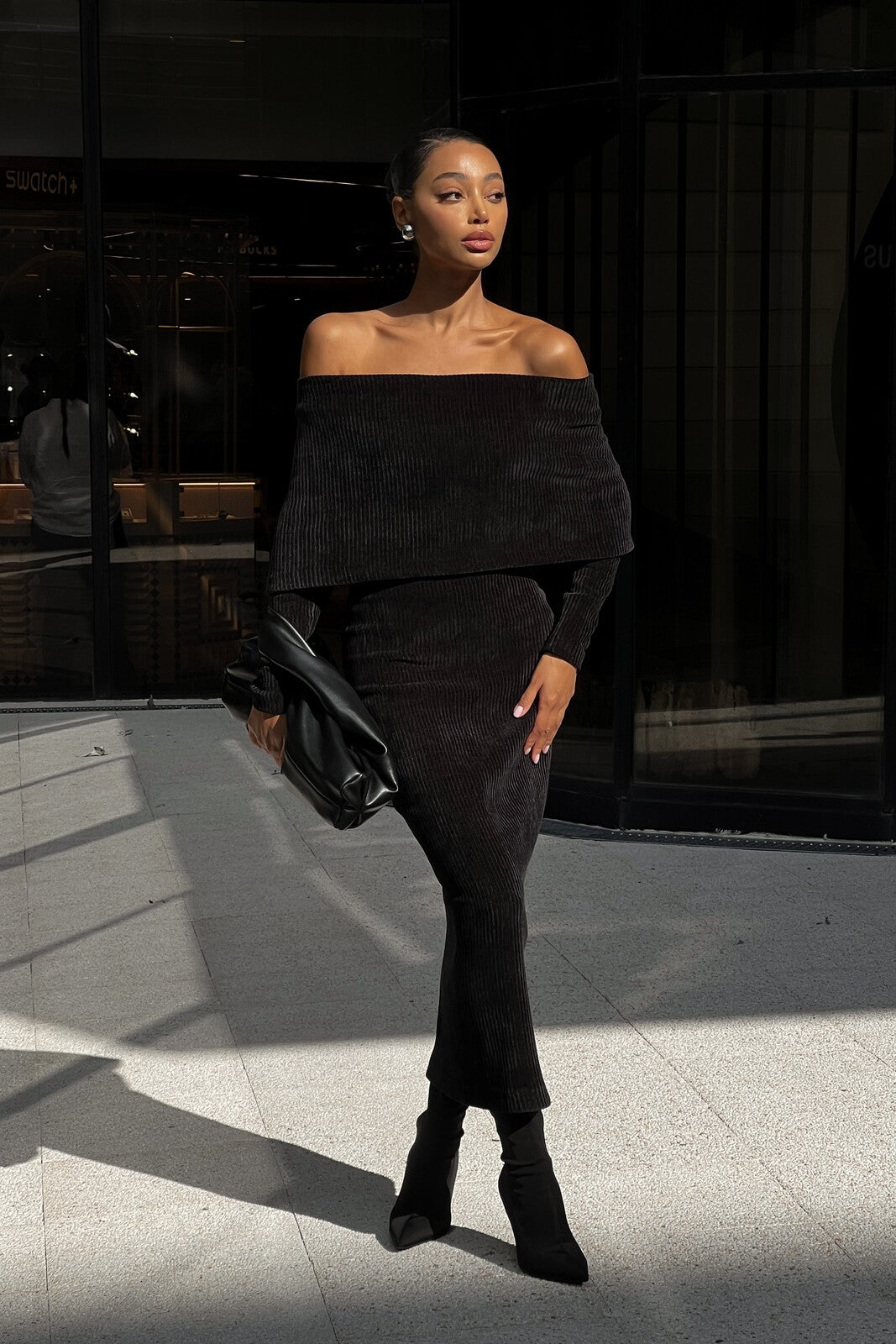 Black Knit Dress with Off-Shoulder and Straight Neckline