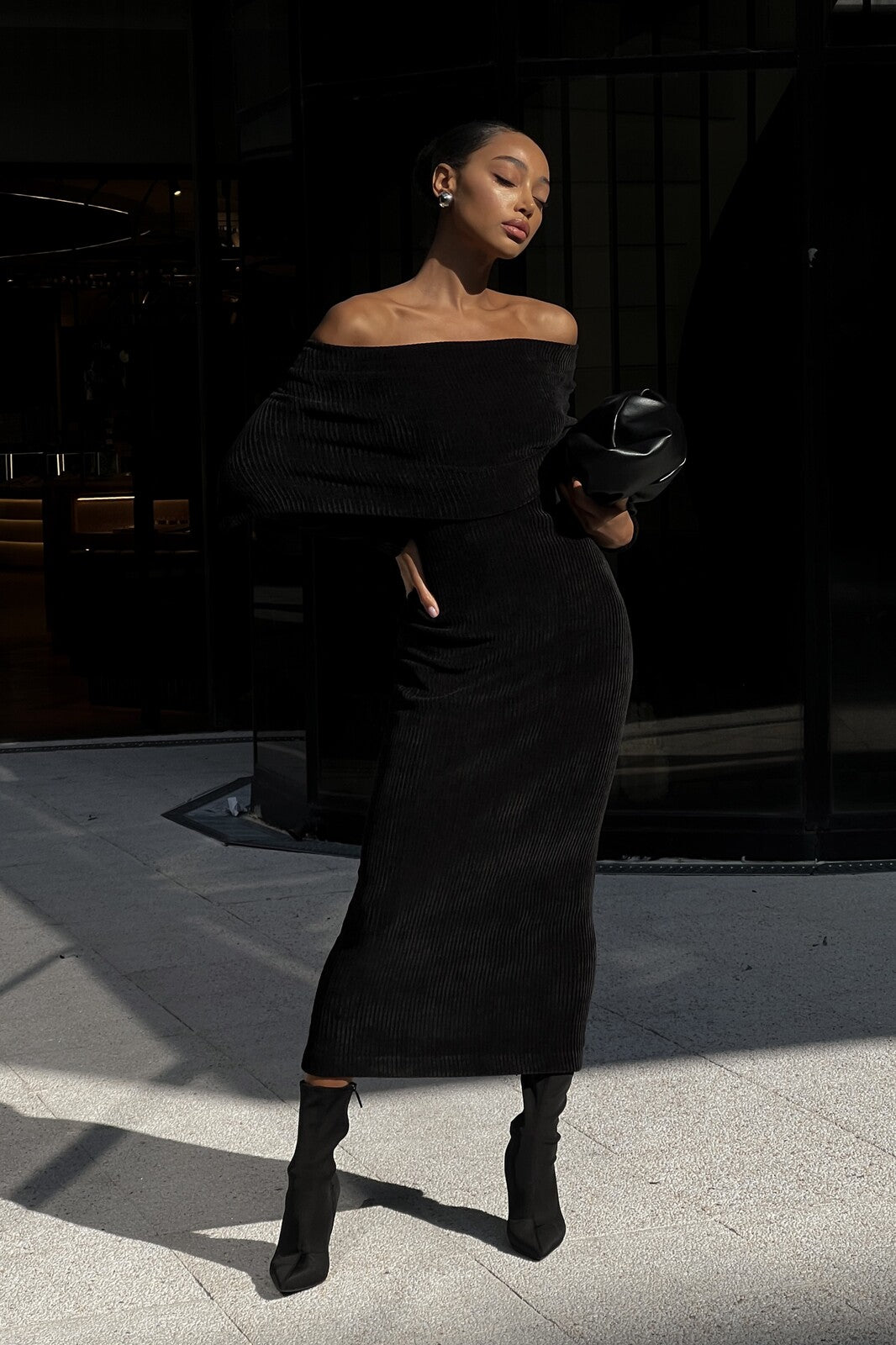 Black Knit Dress with Off-Shoulder and Straight Neckline