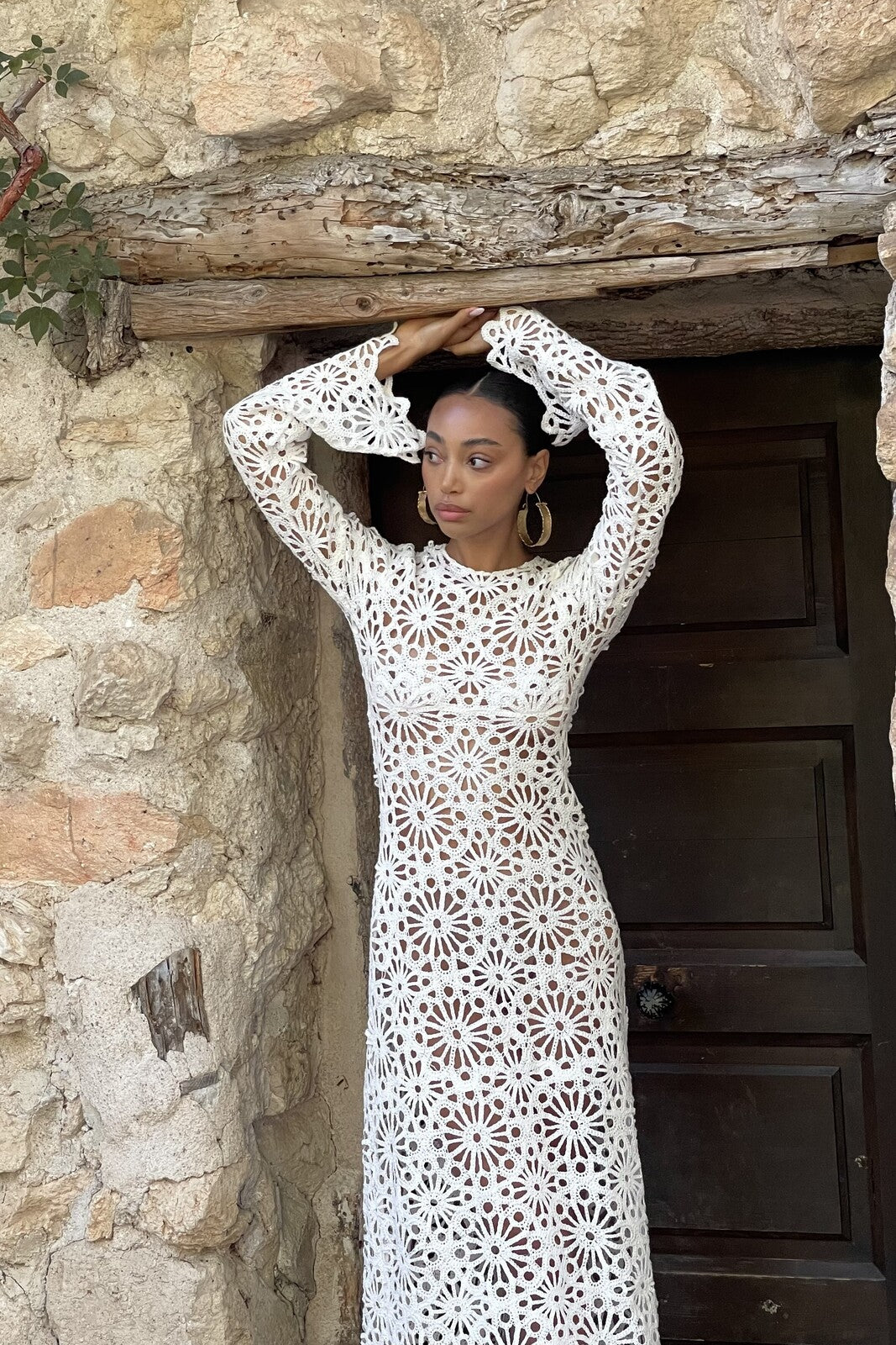 white knit long sleeve dress Mini Sweater Em is 170cm WHITE KNIT LONG DRESS -