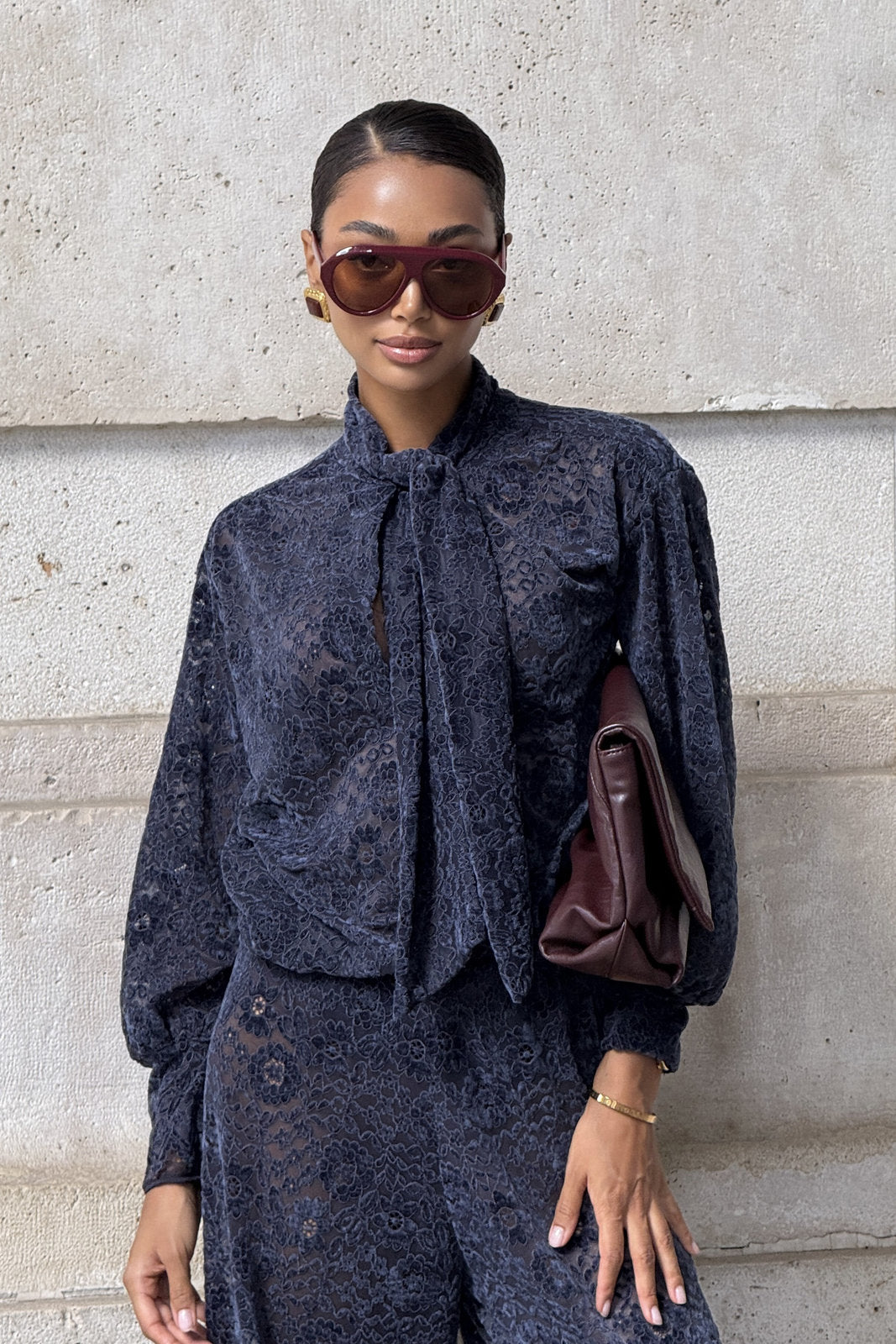 NAVY BLUE LACE BLOUSE WITH BOW