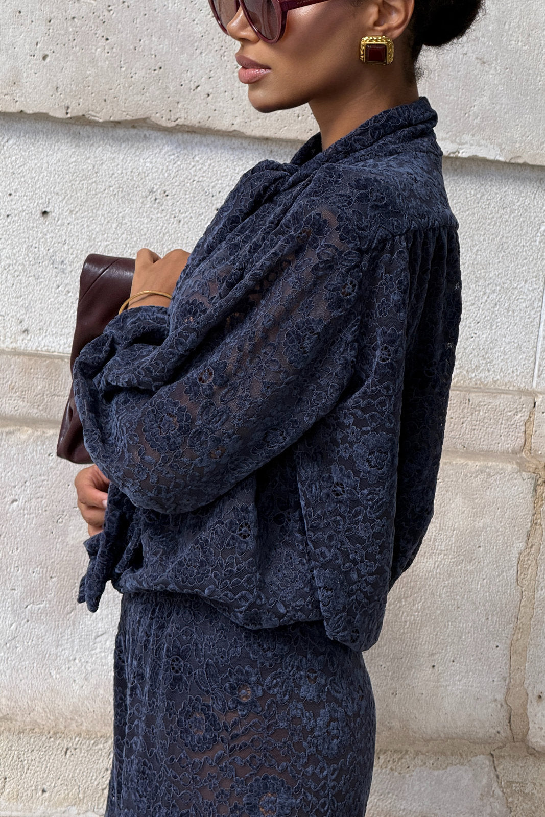 NAVY BLUE LACE BLOUSE WITH BOW