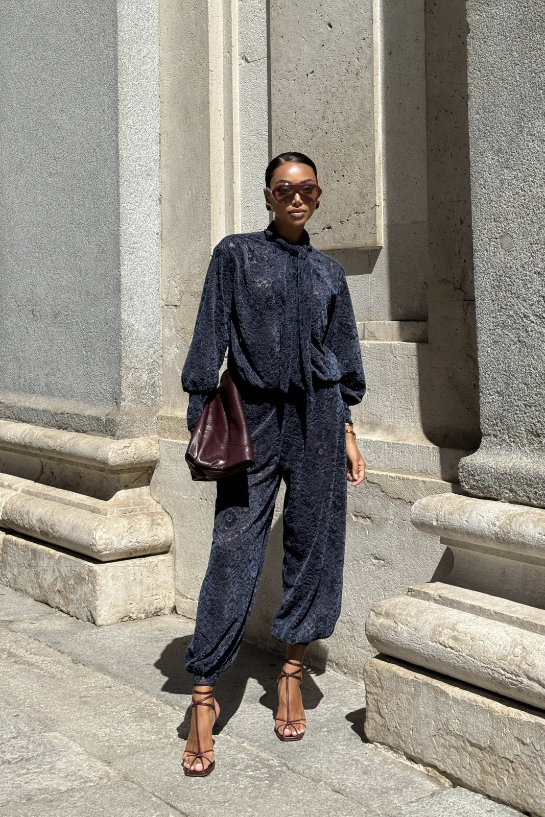 NAVY BLUE LACE BALLOON TROUSERS