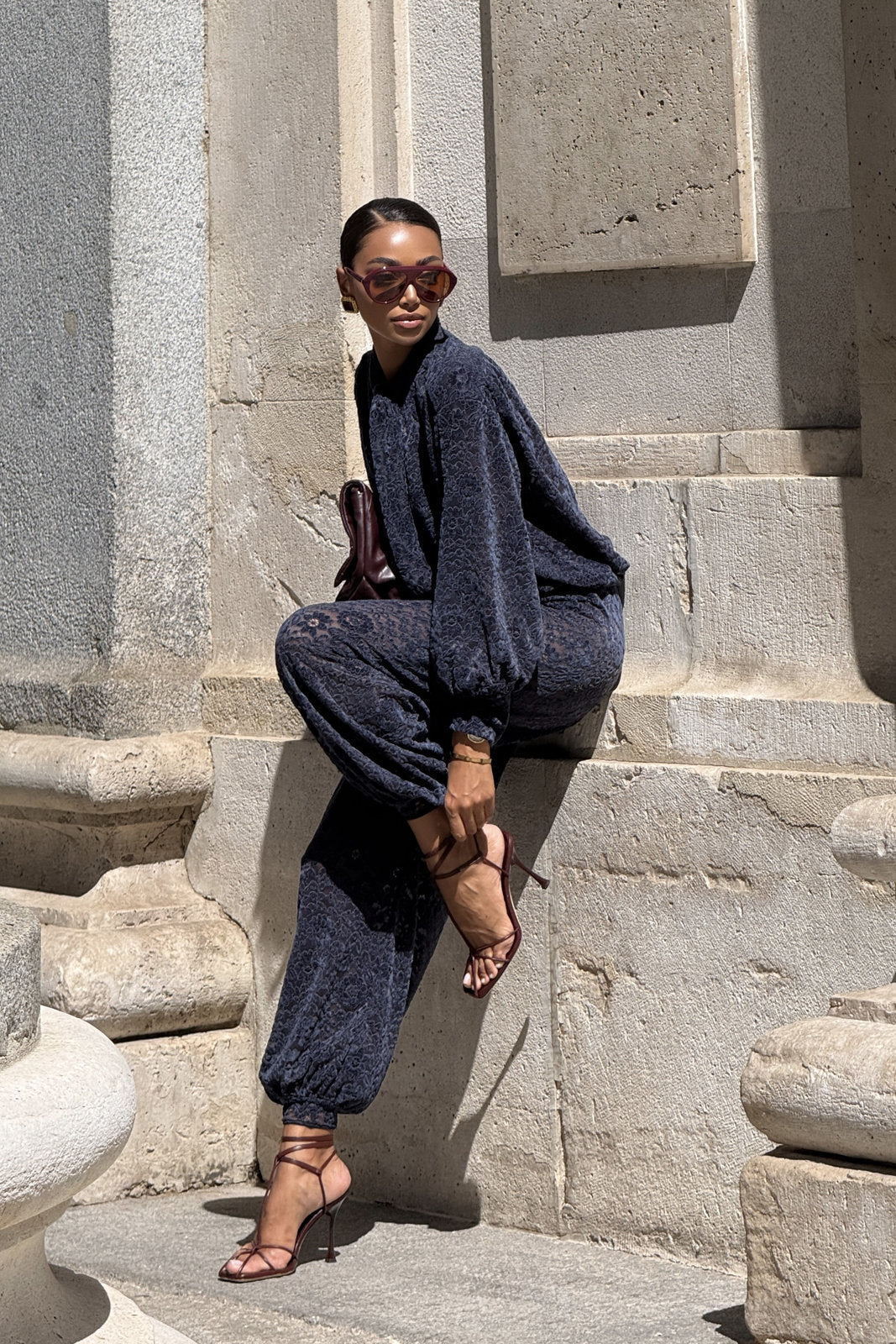 NAVY BLUE LACE BALLOON TROUSERS