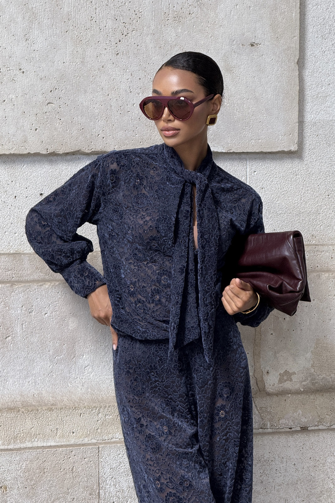 NAVY BLUE LACE BLOUSE WITH BOW