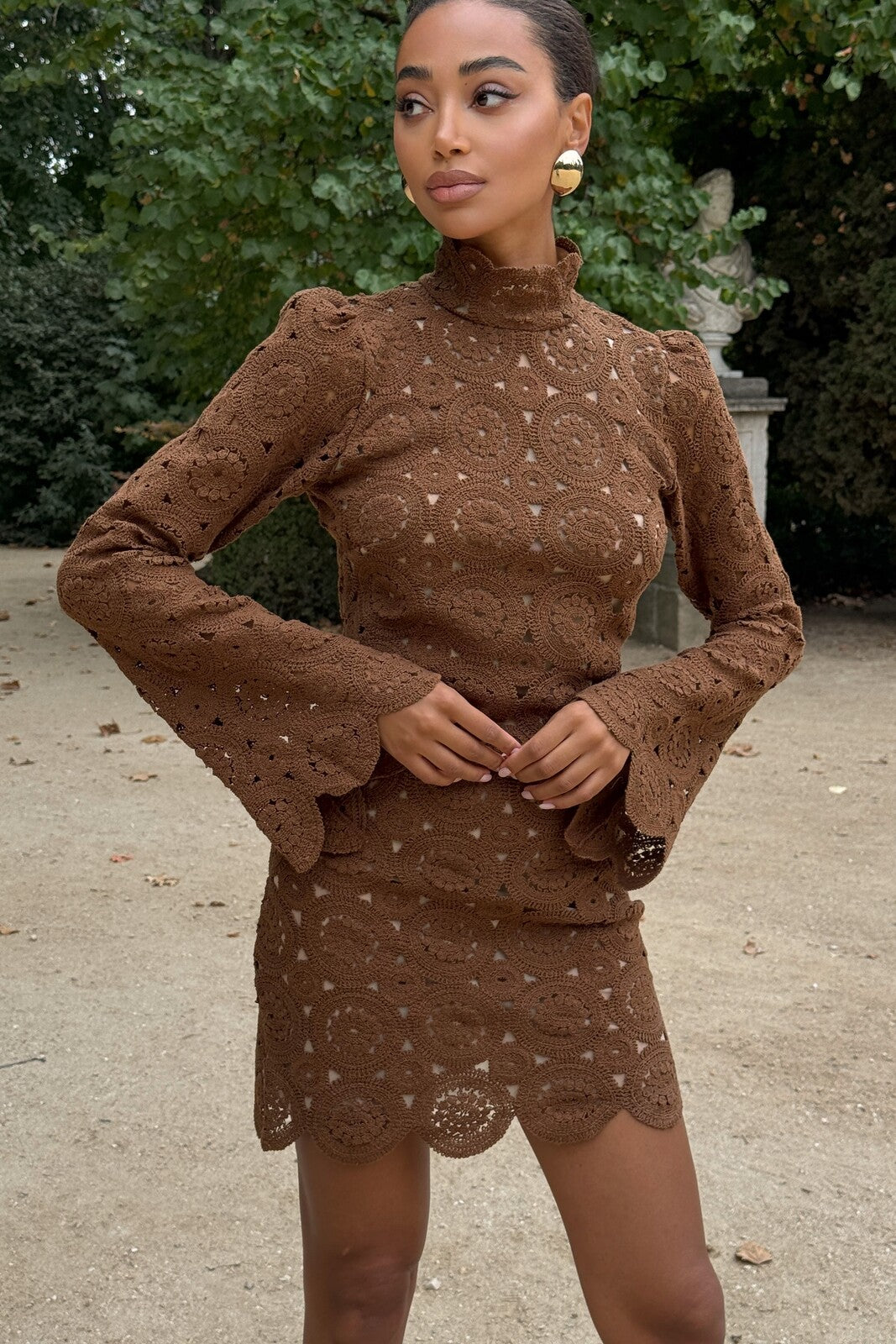 SHORT BROWN LACE KNIT DRESS - KAO SHORT BROWN LACE KNIT DRESS - KAO