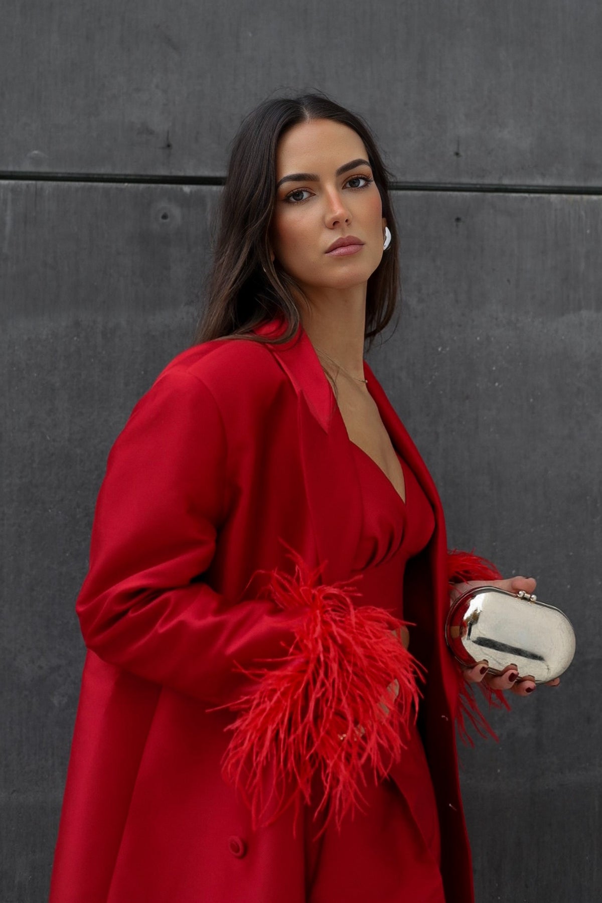 DARK RED OVERSIZED BLAZER WITH FEATHERS