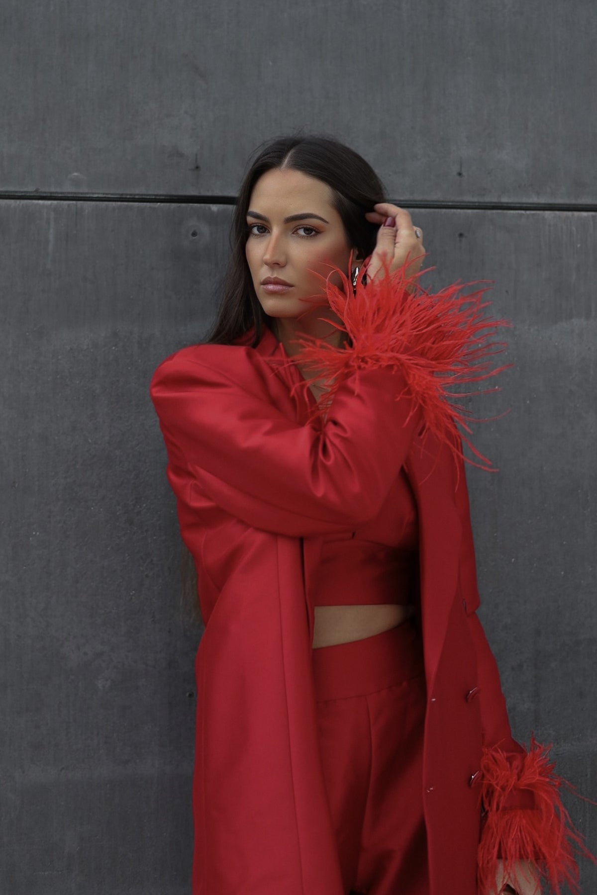 DARK RED OVERSIZED BLAZER WITH FEATHERS