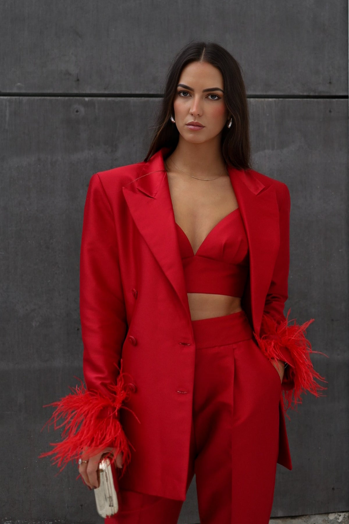 DARK RED OVERSIZED BLAZER WITH FEATHERS