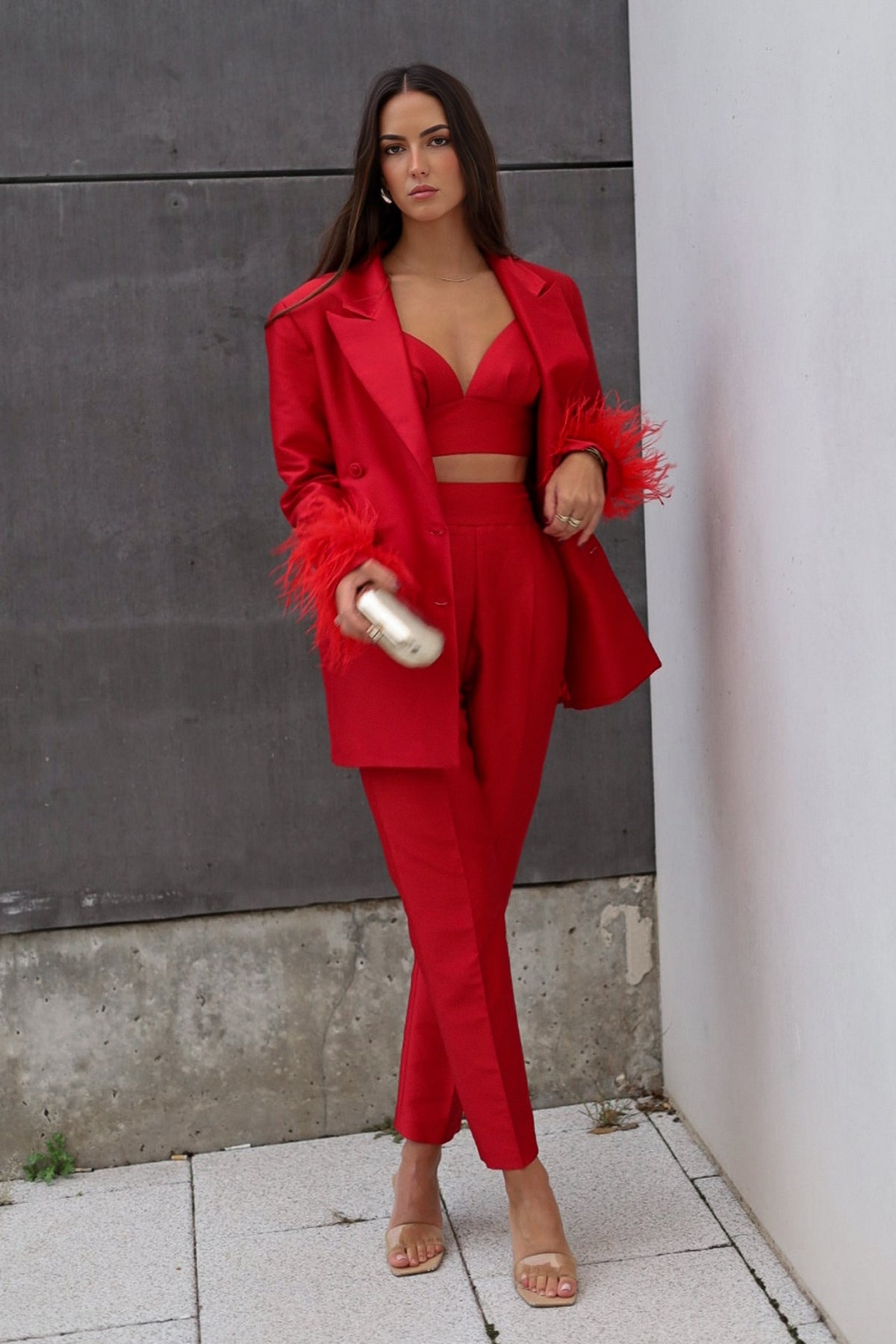 DARK RED OVERSIZED BLAZER WITH FEATHERS