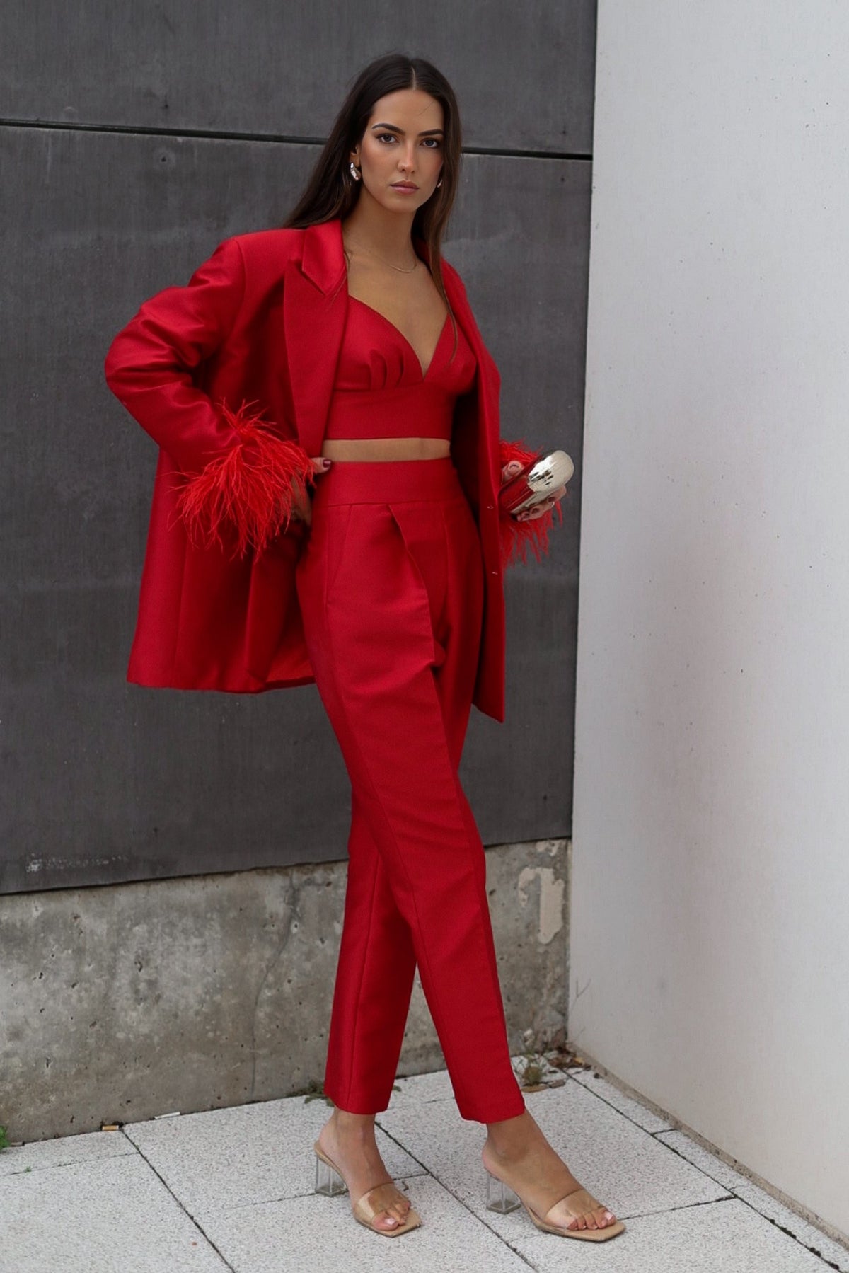 DARK RED OVERSIZED BLAZER WITH FEATHERS