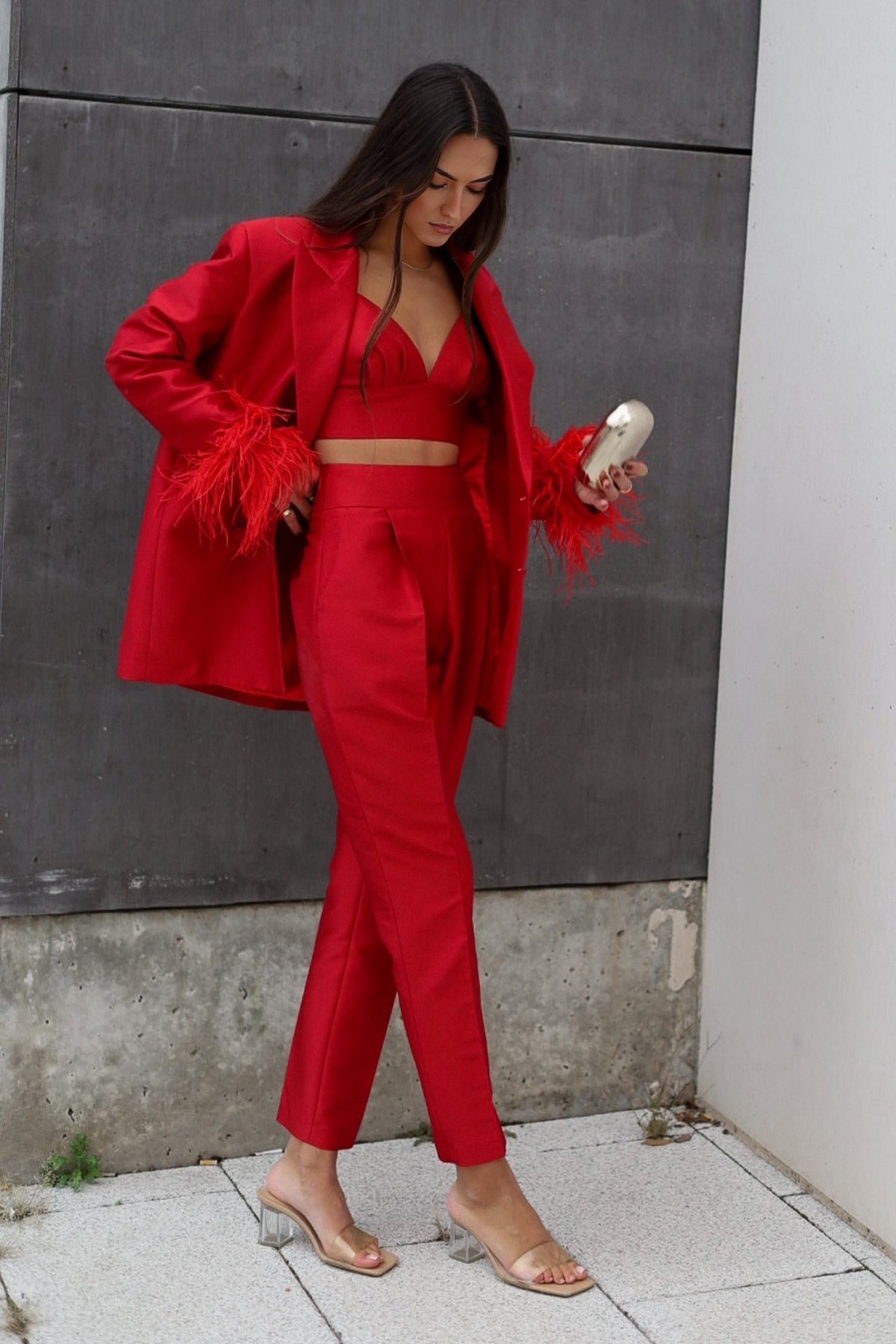 DARK RED OVERSIZED BLAZER WITH FEATHERS