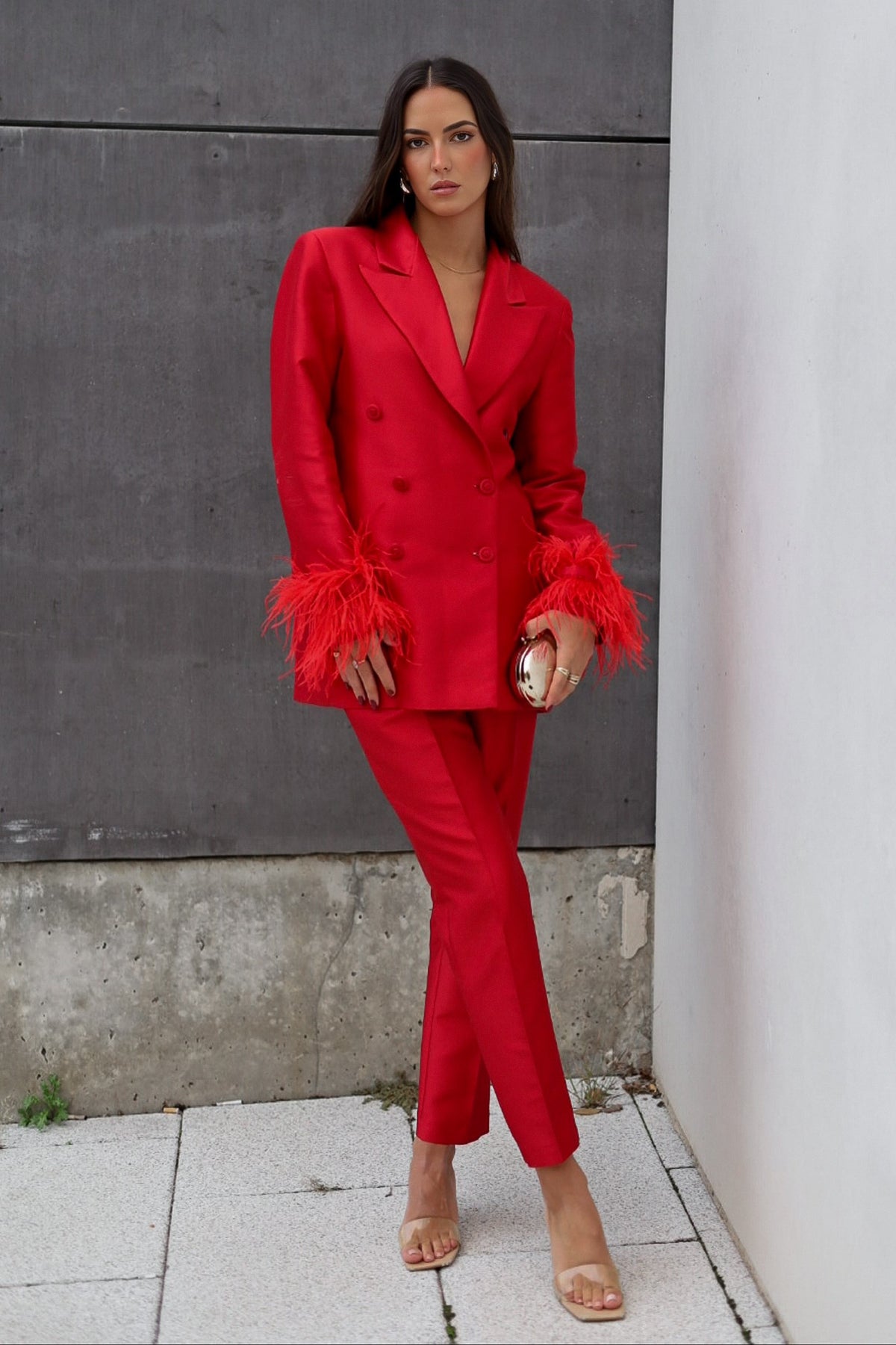 DARK RED OVERSIZED BLAZER WITH FEATHERS