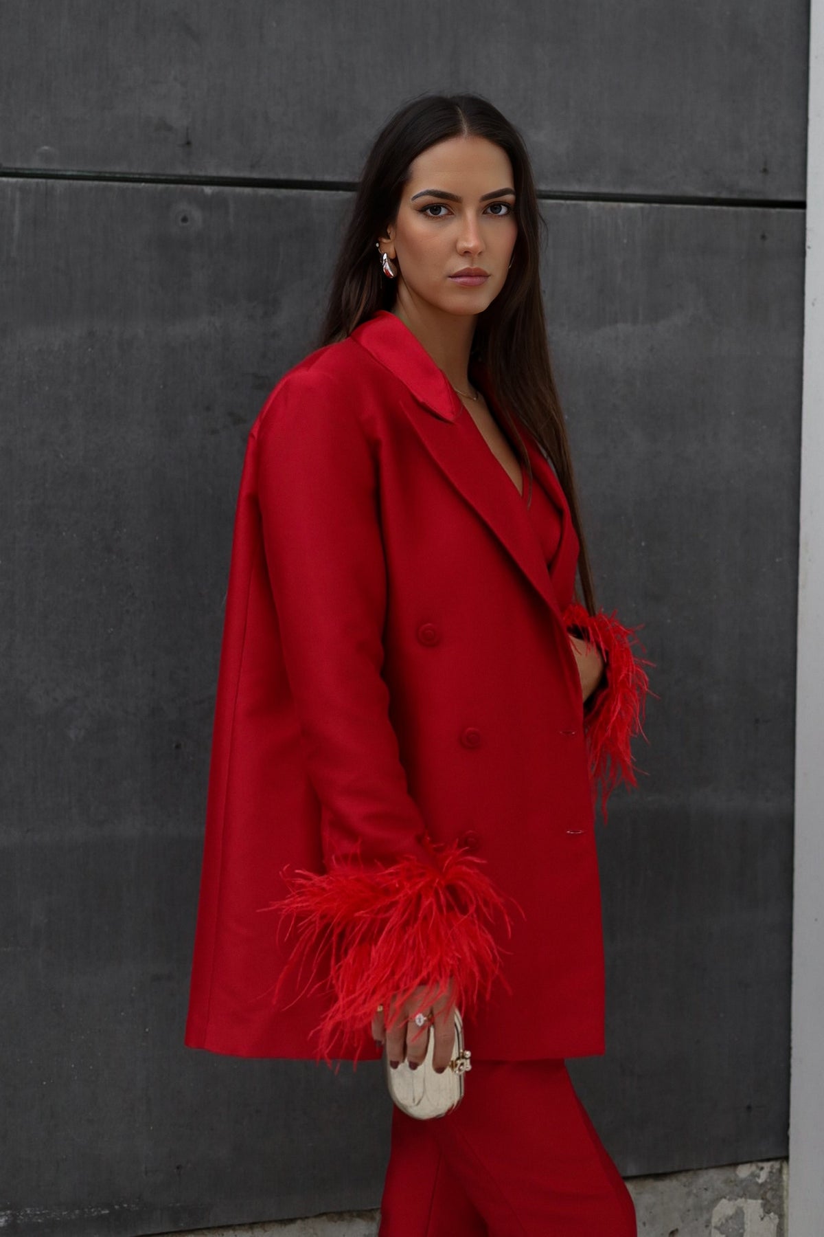 DARK RED OVERSIZED BLAZER WITH FEATHERS