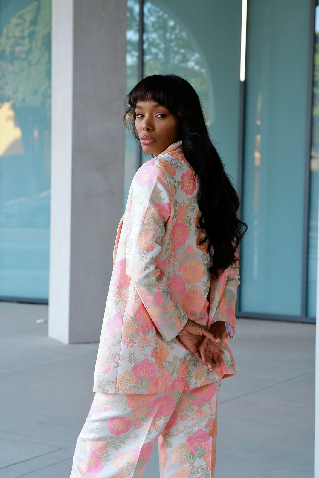 PINK JACQUARD OVERSIZED BLAZER WITH FLORAL PRINT