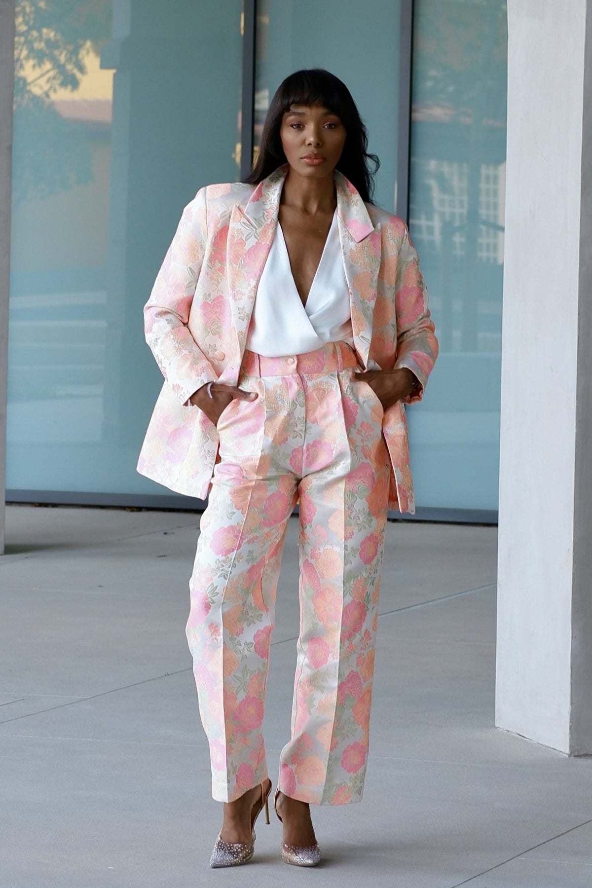 PINK JACQUARD OVERSIZED BLAZER WITH FLORAL PRINT