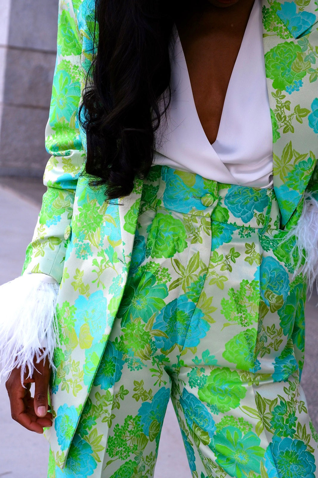 LIGHT GREEN OVERSIZED JACQUARD FLORAL PRINT PANTS